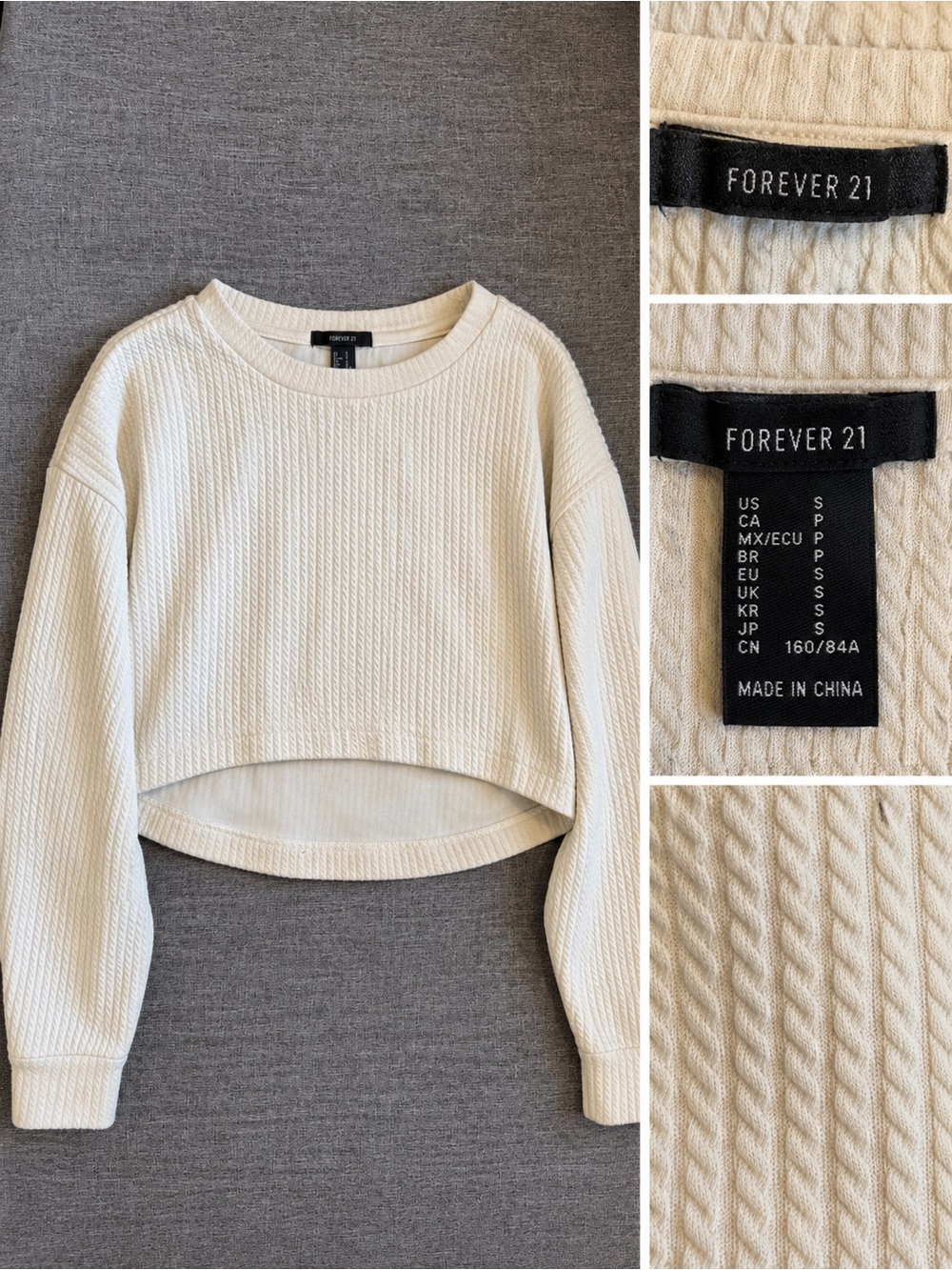 Forever 21 Cream Textured Cropped Crewneck Sweater